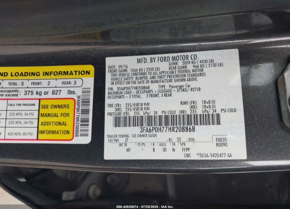 2017 FORD FUSION VIN: 3FA6P0H77HR208868