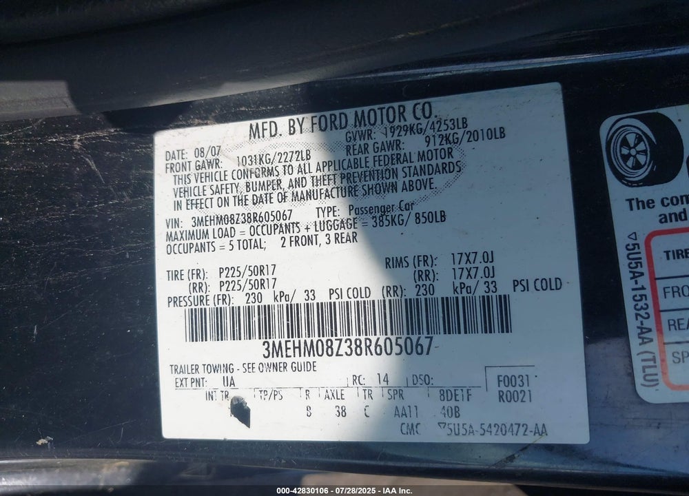 2008 MERCURY MILAN VIN: 3MEHM08Z38R605067