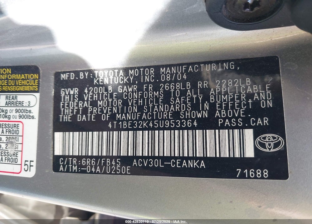 2005 TOYOTA CAMRY VIN: 4T1BE32K45U953364