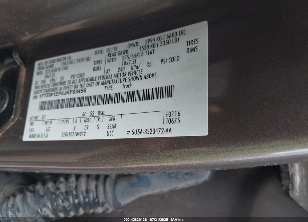 2018 FORD F-150 VIN: 1FTEW1EP6JKF03456