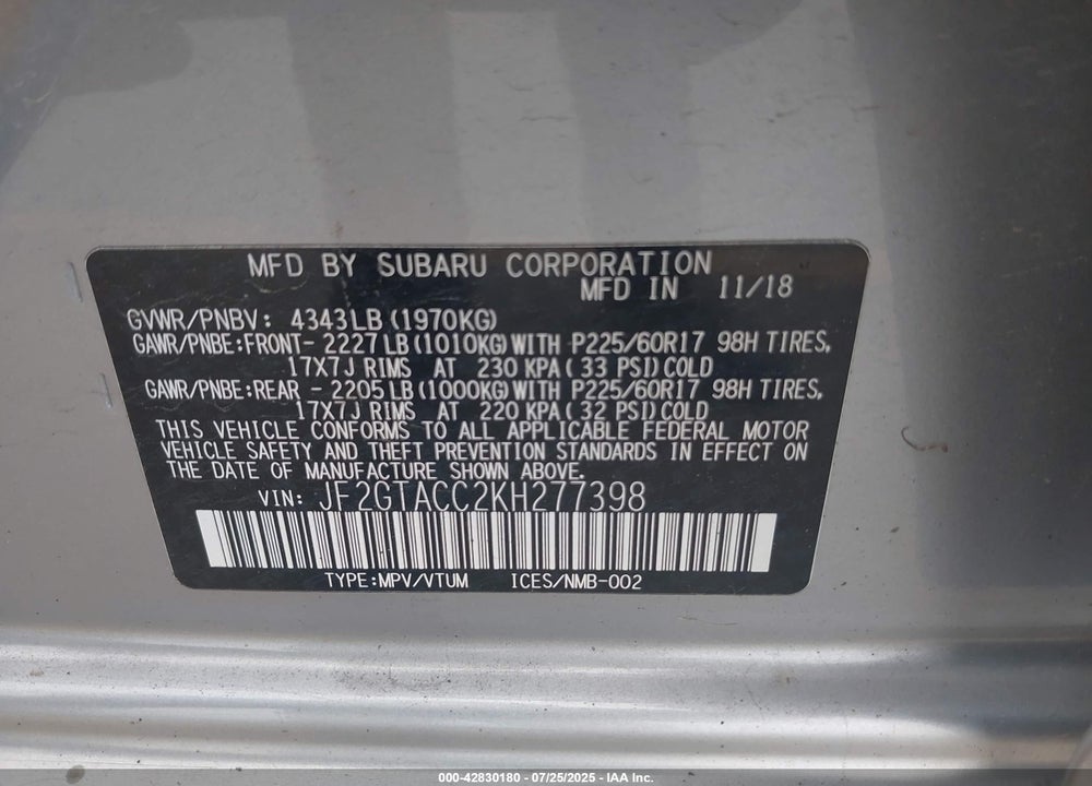 2019 SUBARU CROSSTREK VIN: JF2GTACC2KH277398