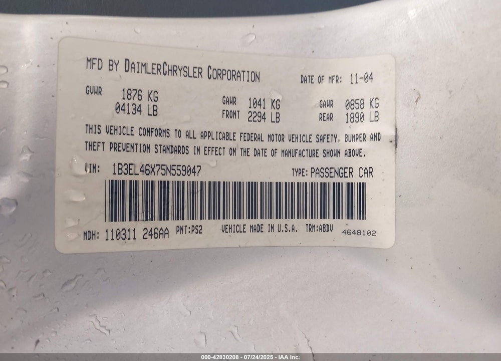 2005 DODGE STRATUS VIN: 1B3EL46X75N559047