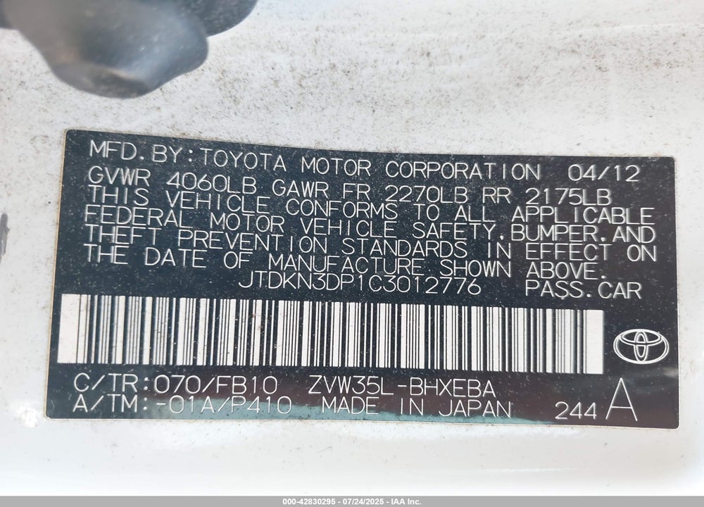 2012 TOYOTA PRIUS PLUG-IN VIN: JTDKN3DP1C3012776