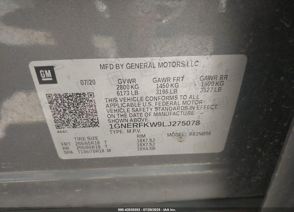 2020 CHEVROLET TRAVERSE VIN: 1GNERFKW9LJ275078