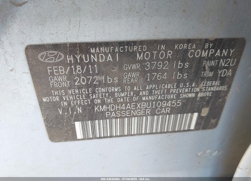 2011 HYUNDAI ELANTRA VIN: KMHDH4AEXBU109455