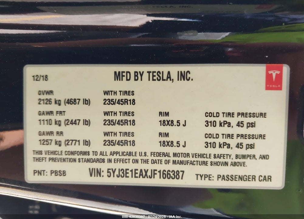 2018 TESLA MODEL 3 LONG RANGE/MID RANGE VIN: 5YJ3E1EAXJF166387