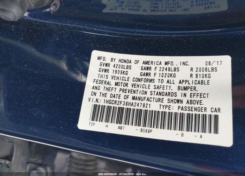 2017 HONDA ACCORD VIN: 1HGCR2F36HA247921