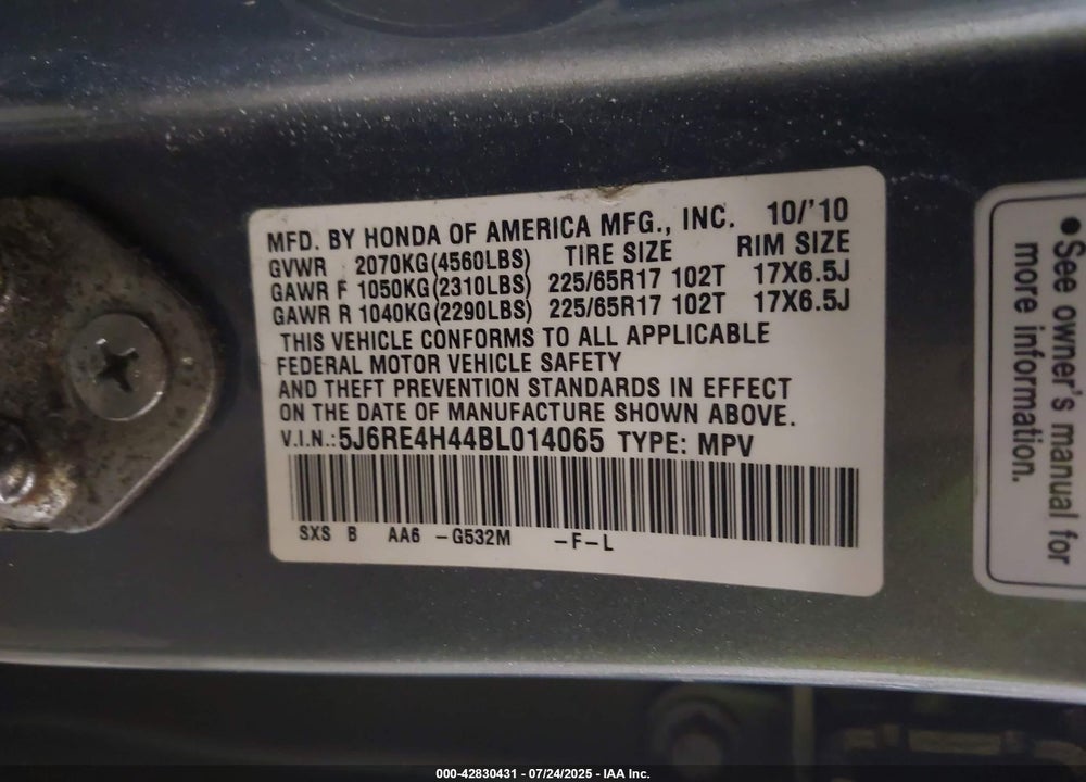 2011 HONDA CR-V VIN: 5J6RE4H44BL014065