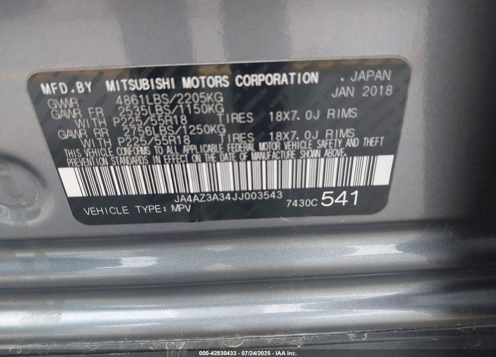 2018 MITSUBISHI OUTLANDER ES VIN: JA4AZ3A34JJ003543