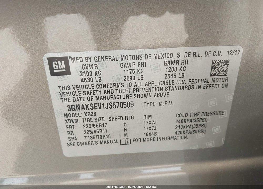 2018 CHEVROLET EQUINOX VIN: 3GNAXSEV1JS570509