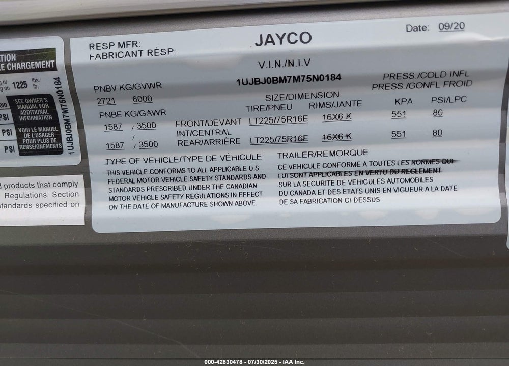 2021 OTHER JAYCO VIN: 1UJBJ0BM7M75N0184