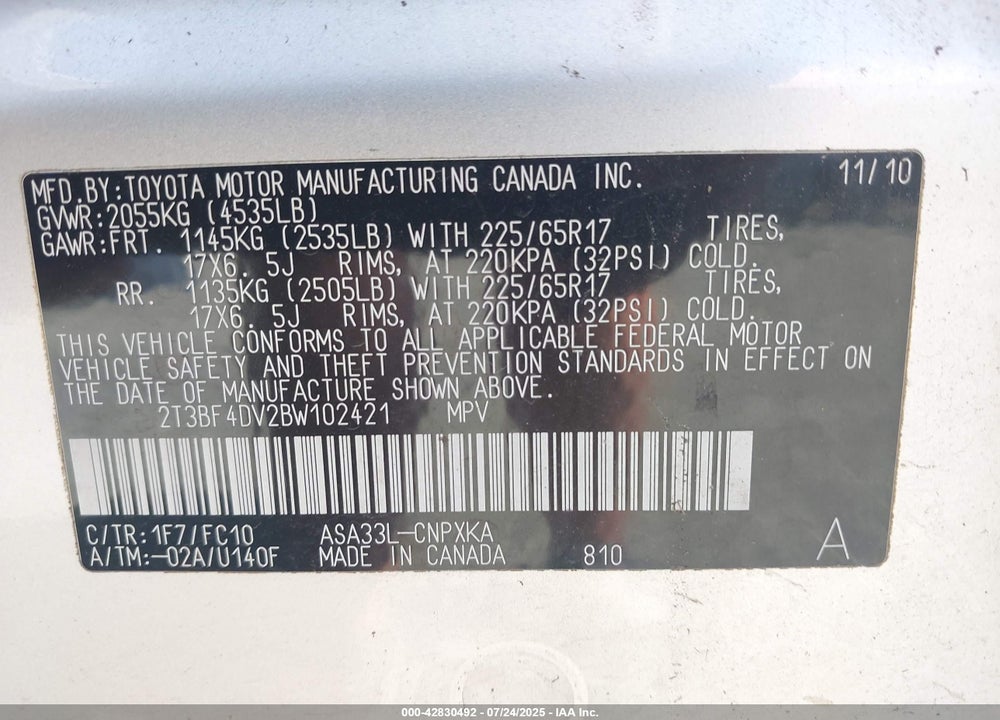 2011 TOYOTA RAV4 VIN: 2T3BF4DV2BW102421