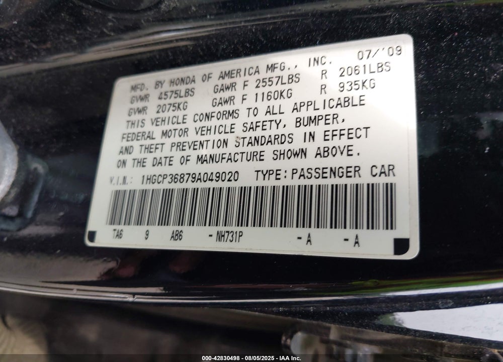 2009 HONDA ACCORD VIN: 1HGCP36879A049020