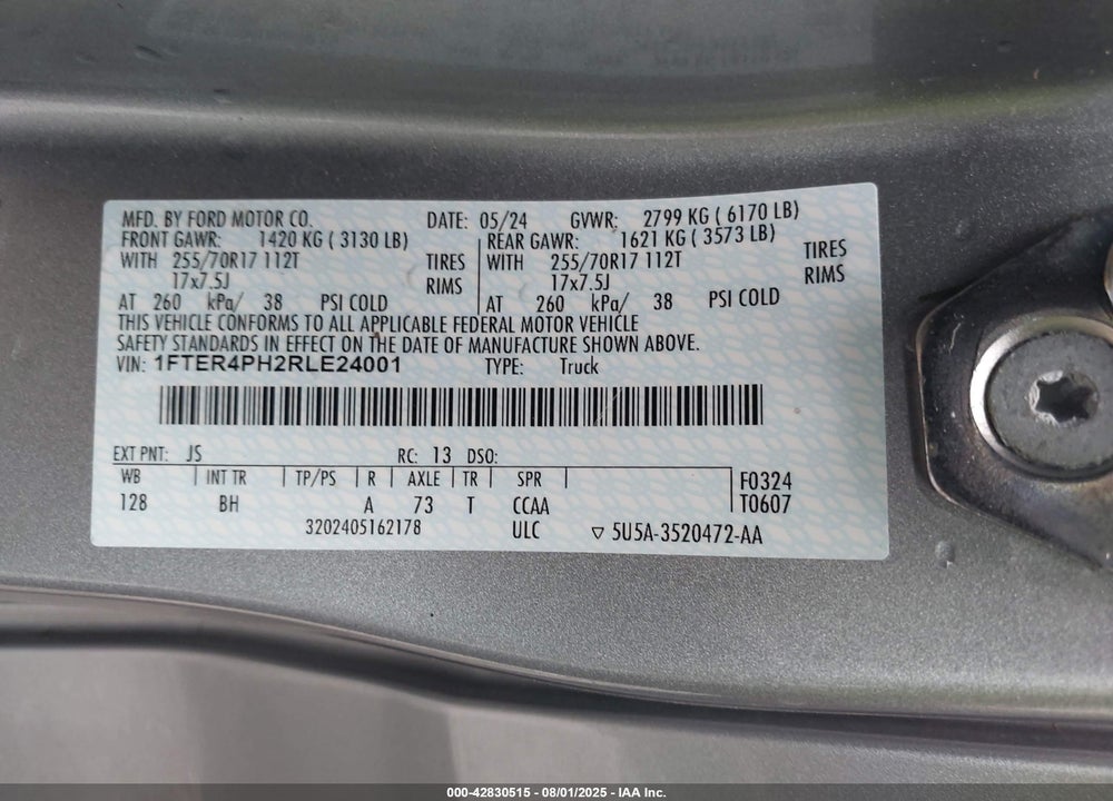 2024 FORD RANGER XL VIN: 1FTER4PH2RLE24001
