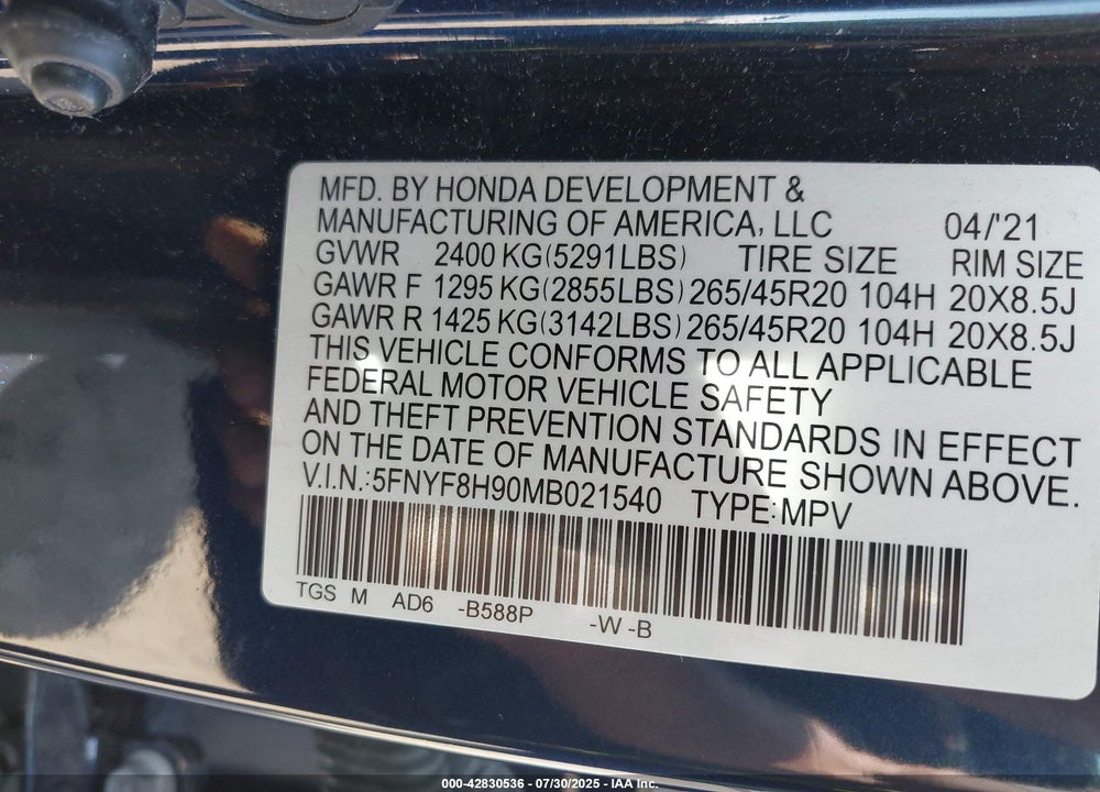 2021 HONDA PASSPORT VIN: 5FNYF8H90MB021540