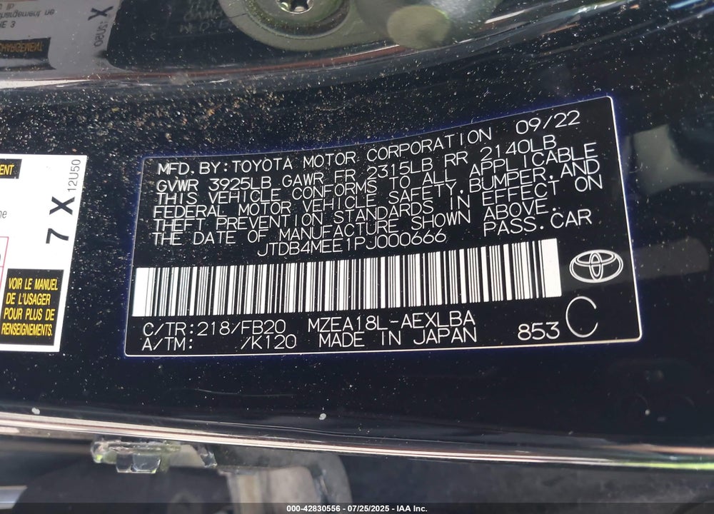 2023 TOYOTA COROLLA VIN: JTDB4MEE1PJ000666