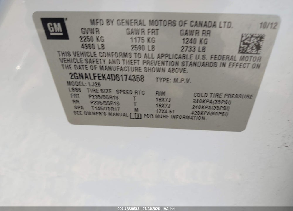 2013 CHEVROLET EQUINOX VIN: 2GNALFEK4D6174358