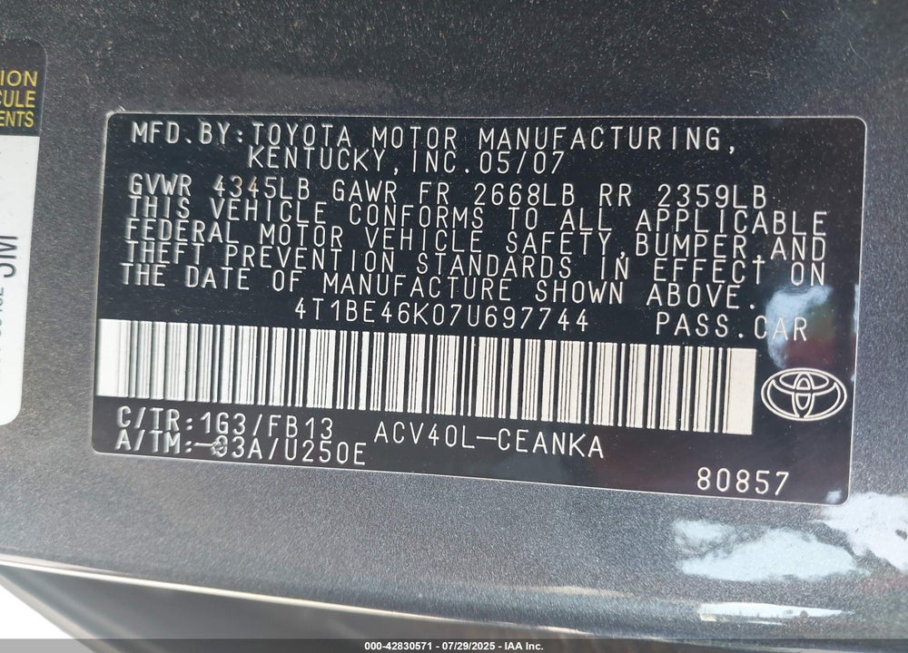 2007 TOYOTA CAMRY VIN: 4T1BE46K07U697744