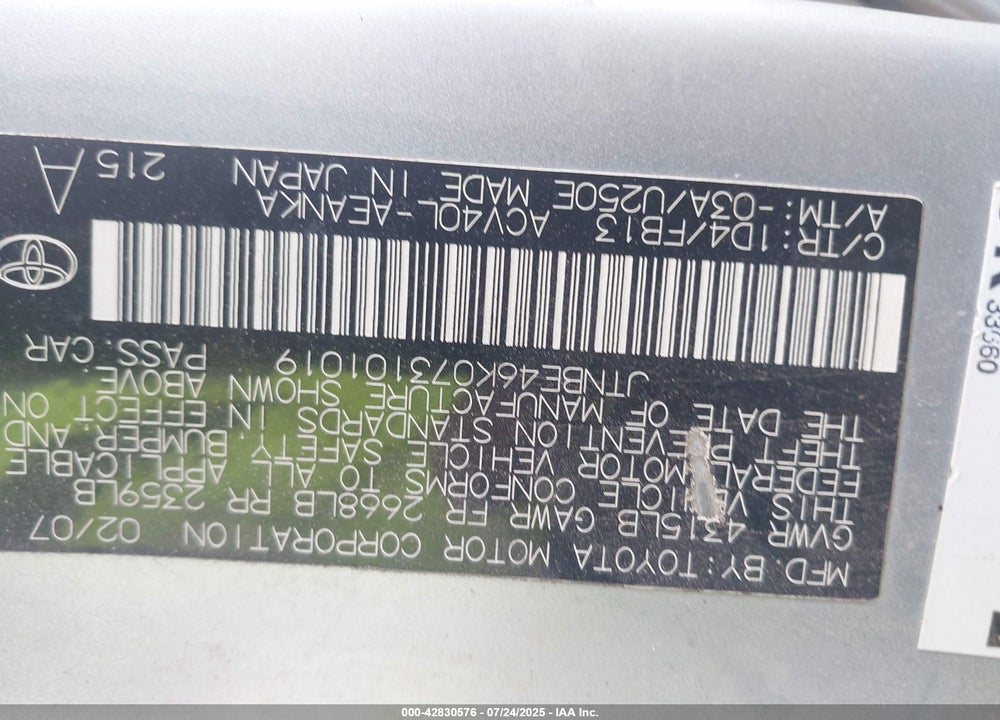 2007 TOYOTA CAMRY VIN: JTNBE46K073101019