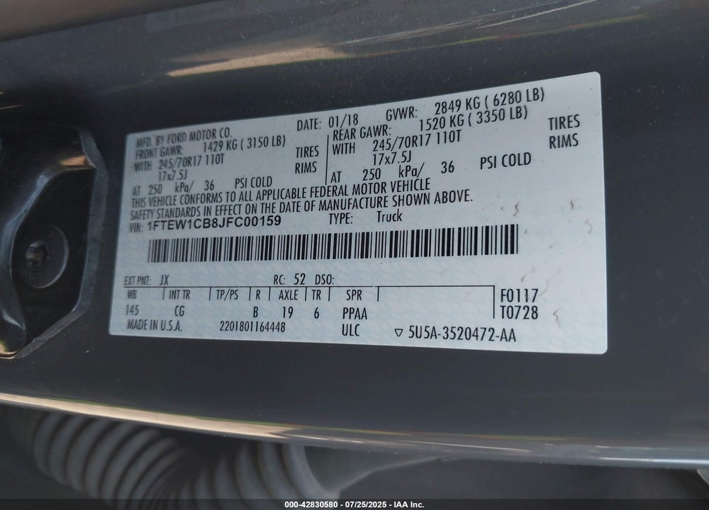2018 FORD F-150 VIN: 1FTEW1CB8JFC00159