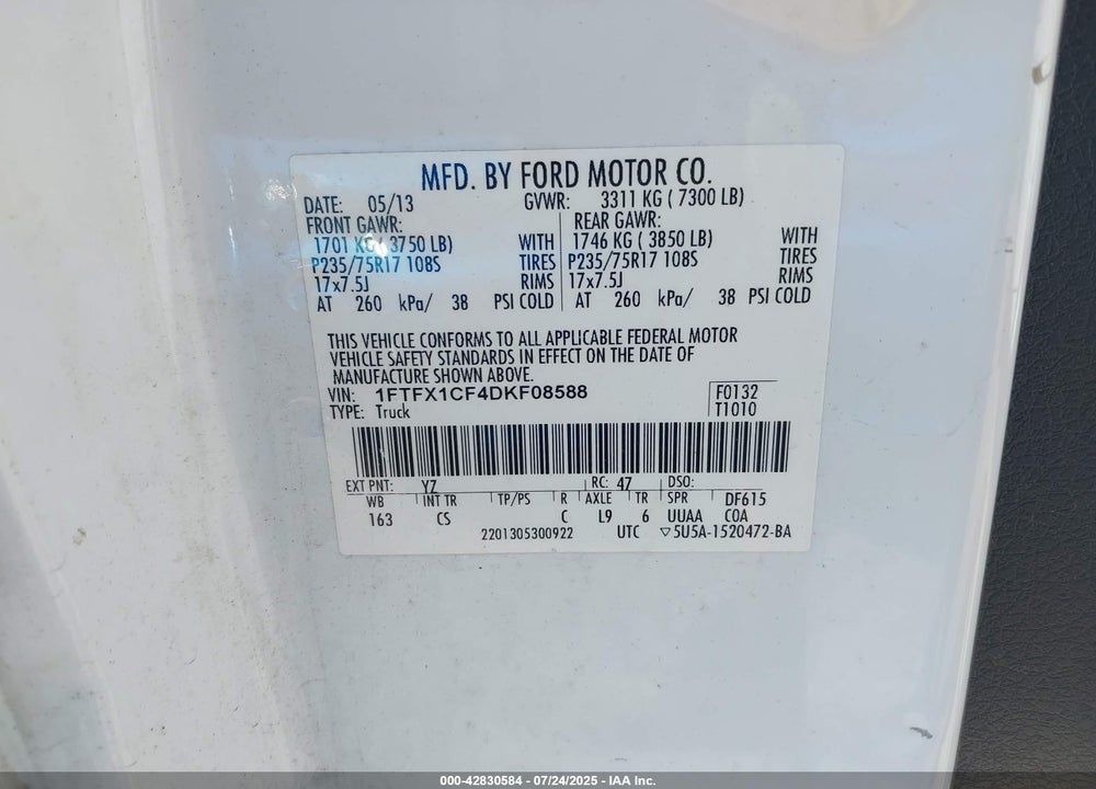 2013 FORD F-150 VIN: 1FTFX1CF4DKF08588