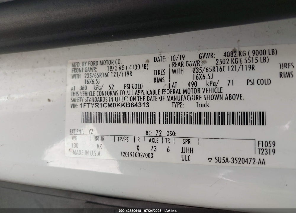 2019 FORD TRANSIT-250 VIN: 1FTYR1CM0KKB84313