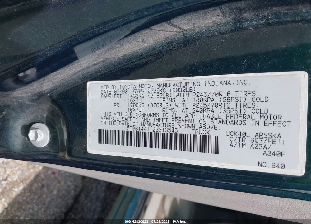 2002 TOYOTA TUNDRA SR5 V8 VIN: 5TBBT44112S313545