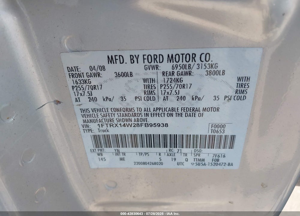 2008 FORD F-150 VIN: 1FTRX14W28FB95938
