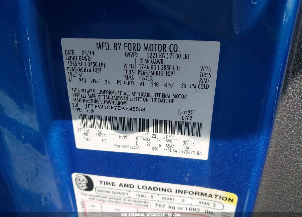 2014 FORD F-150 VIN: 1FTFW1CF7EKE46558
