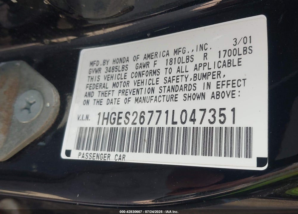 2001 HONDA CIVIC EX VIN: 1HGES26771L047351