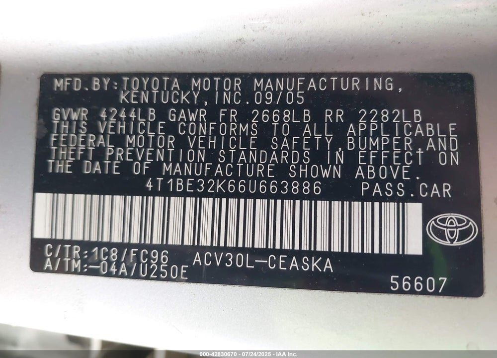 2006 TOYOTA CAMRY VIN: 4T1BE32K66U663886