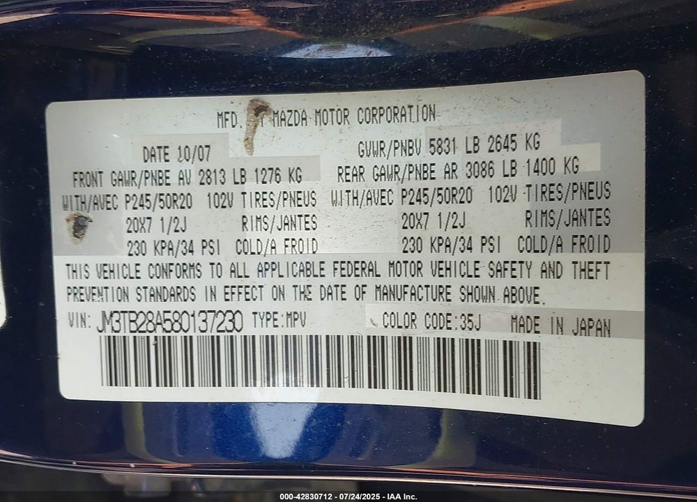 2008 MAZDA CX-9 VIN: JM3TB28A580137230