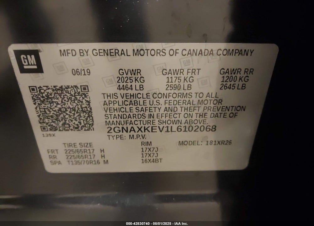 2020 CHEVROLET EQUINOX VIN: 2GNAXKEV1L6102068