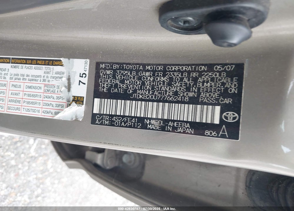 2007 TOYOTA PRIUS VIN: JTDKB20U777662418