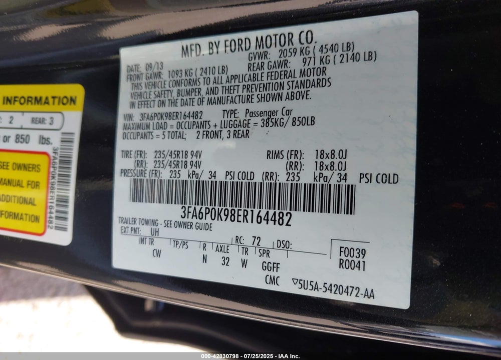 2014 FORD FUSION VIN: 3FA6P0K98ER164482