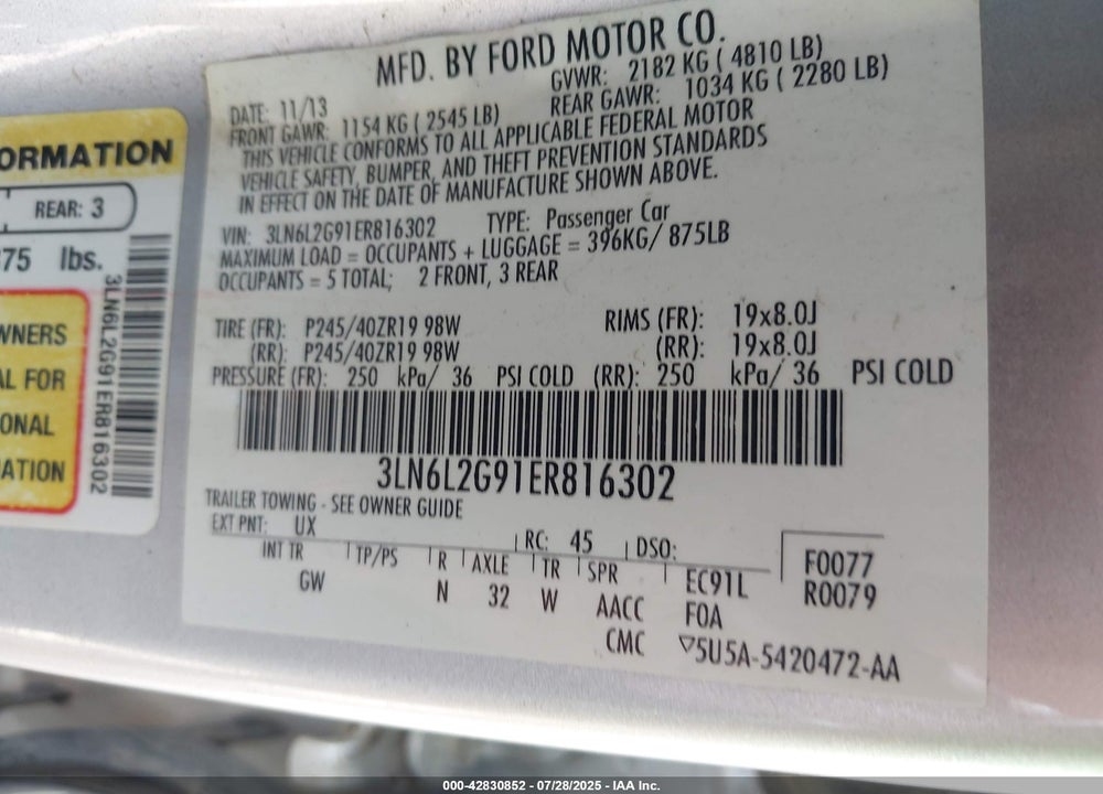 2014 LINCOLN MKZ VIN: 3LN6L2G91ER816302
