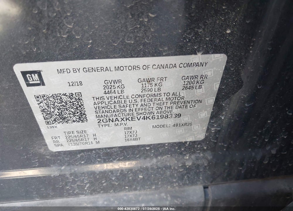 2019 CHEVROLET EQUINOX VIN: 2GNAXKEV4K6198339