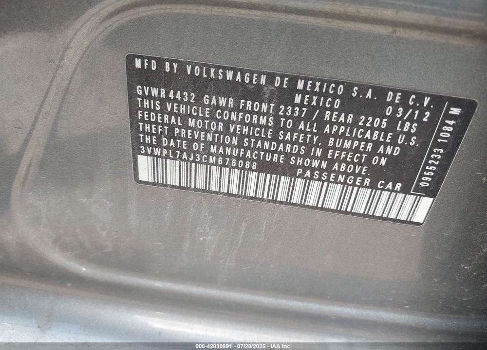 2012 VOLKSWAGEN JETTA VIN: 3VWPL7AJ3CM676088
