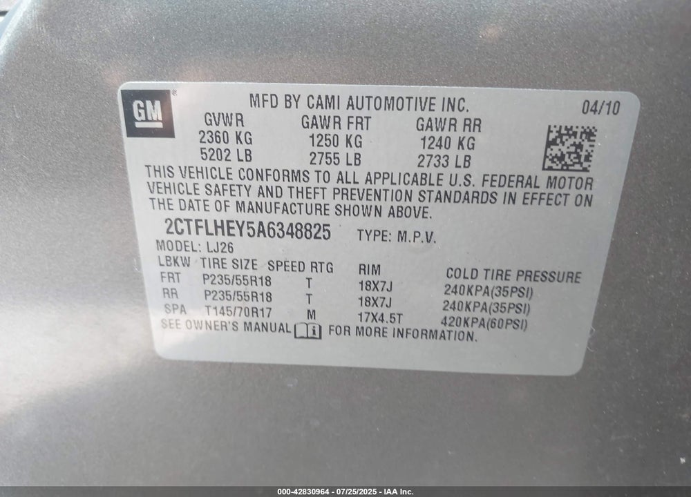 2010 GMC TERRAIN VIN: 2CTFLHEY5A6348825