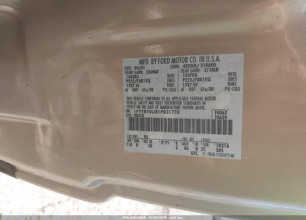 2001 FORD RANGER EDGE/XL/XLT VIN: 1FTYR10U81PB31770