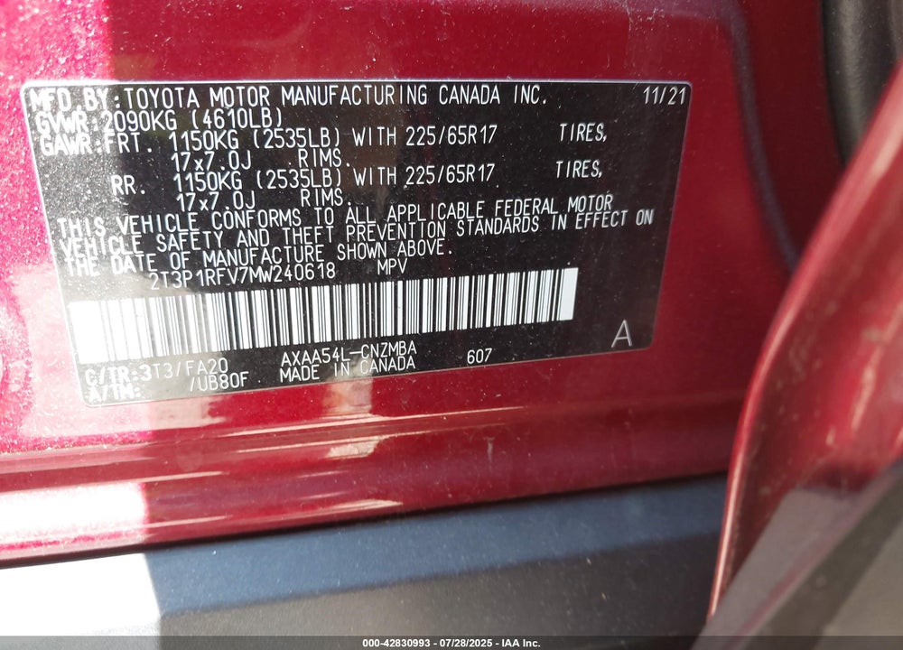2021 TOYOTA RAV4 VIN: 2T3P1RFV7MW240618