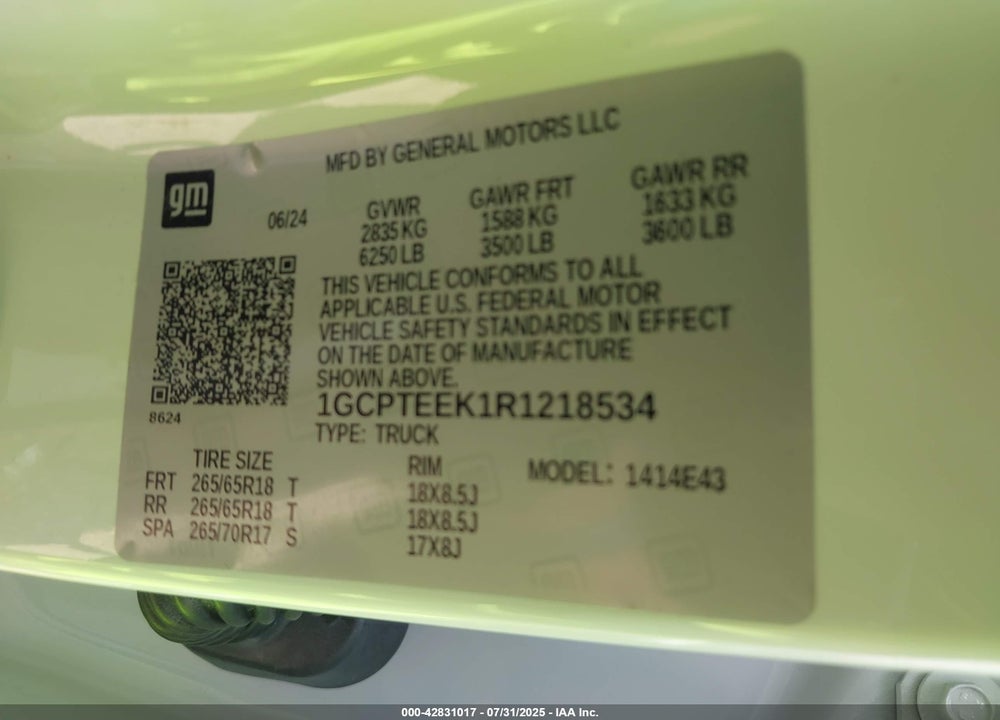 2024 CHEVROLET COLORADO VIN: 1GCPTEEK1R1218534