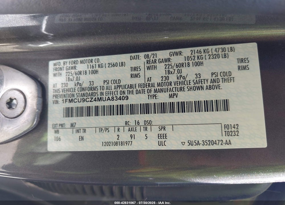 2021 FORD ESCAPE VIN: 1FMCU9CZ4MUA83409