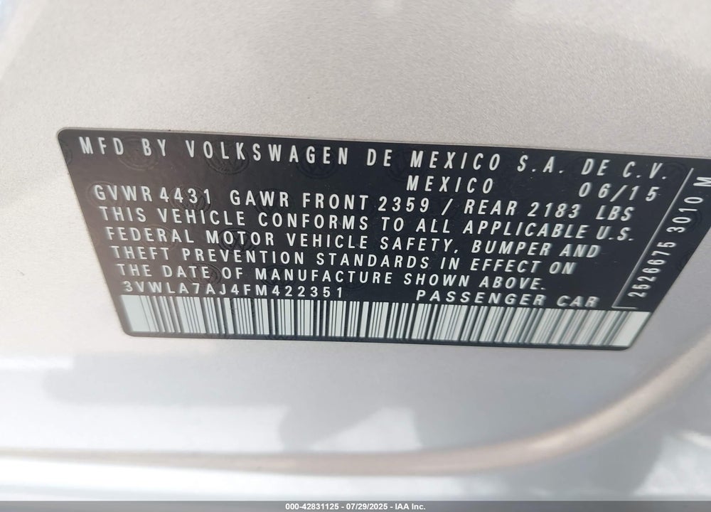 2015 VOLKSWAGEN JETTA VIN: 3VWLA7AJ4FM422351