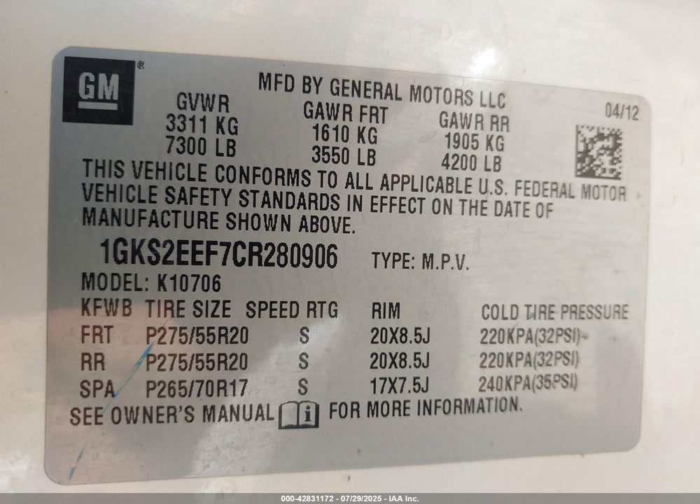 2012 GMC YUKON VIN: 1GKS2EEF7CR280906
