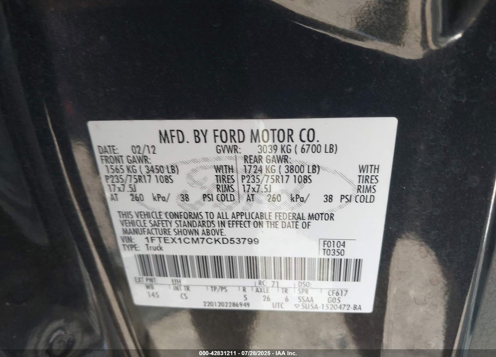 2012 FORD F-150 VIN: 1FTEX1CM7CKD53799