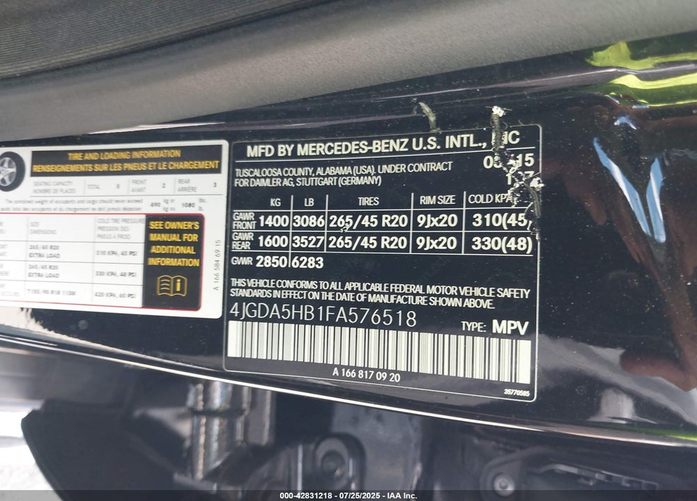 2015 MERCEDES-BENZ ML-CLASS VIN: 4JGDA5HB1FA576518