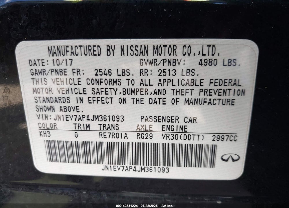 2018 INFINITI Q50 VIN: JN1EV7AP4JM361093