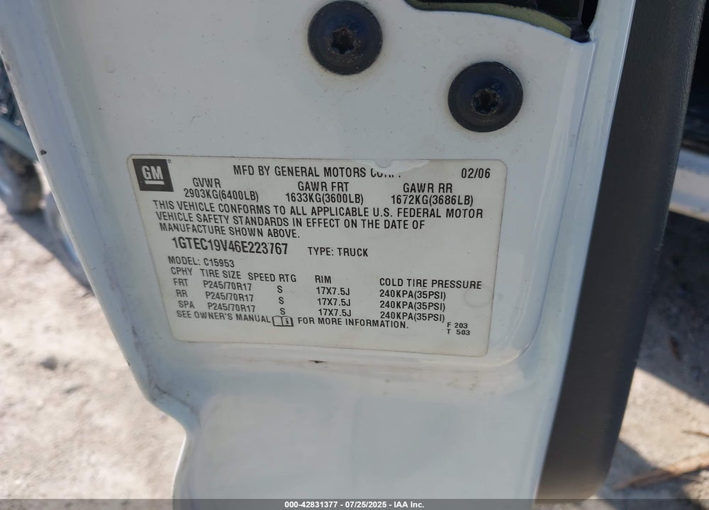 2006 GMC SIERRA 1500 VIN: 1GTEC19V46E223767