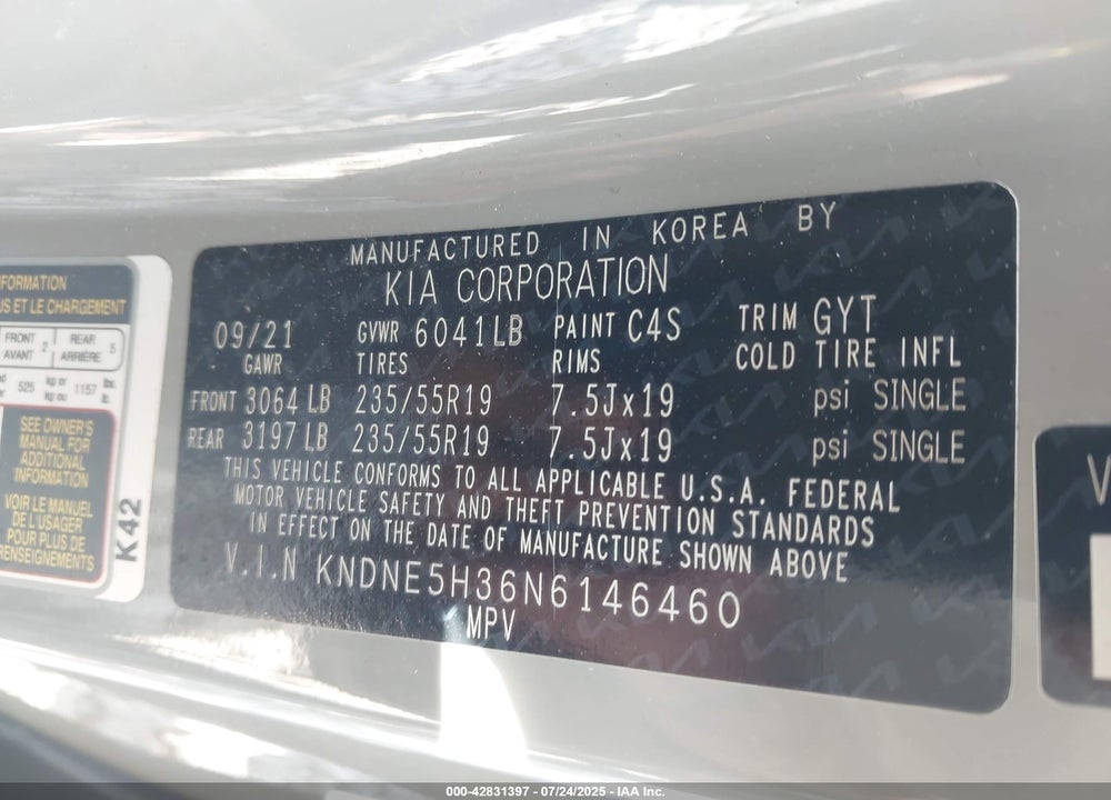 2022 KIA CARNIVAL MPV VIN: KNDNE5H36N6146460